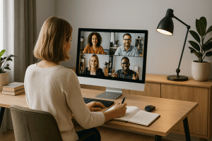 A hybrid office featuring quiet workstations, call pods and collaborative seating areas, designed to support flexible working and hybrid teams.