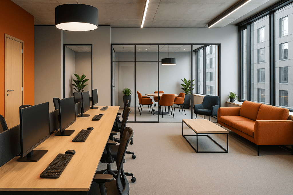 Modern breakout area in an open-plan office with casual seating, plants and natural light—designed to support team wellbeing and informal collaboration.
