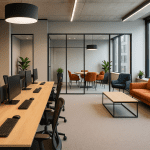 Modern breakout area in an open-plan office with casual seating, plants and natural light—designed to support team wellbeing and informal collaboration.
