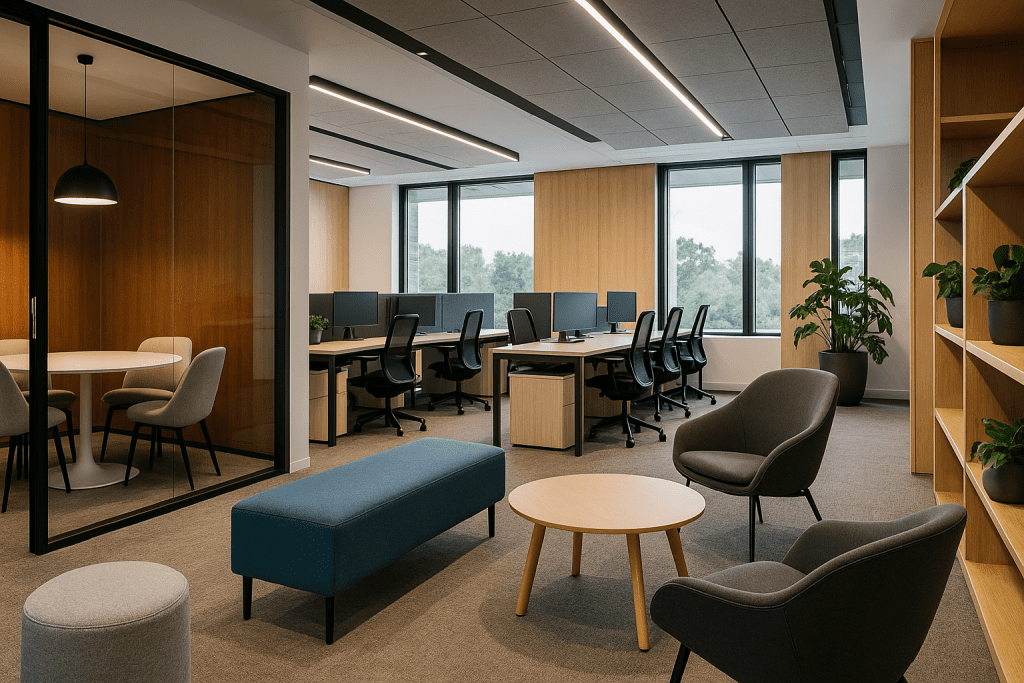 A team planning an office fit-out around a table with architectural drawings, laptops and swatch books, representing strategic budget management.