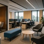 A team planning an office fit-out around a table with architectural drawings, laptops and swatch books, representing strategic budget management.