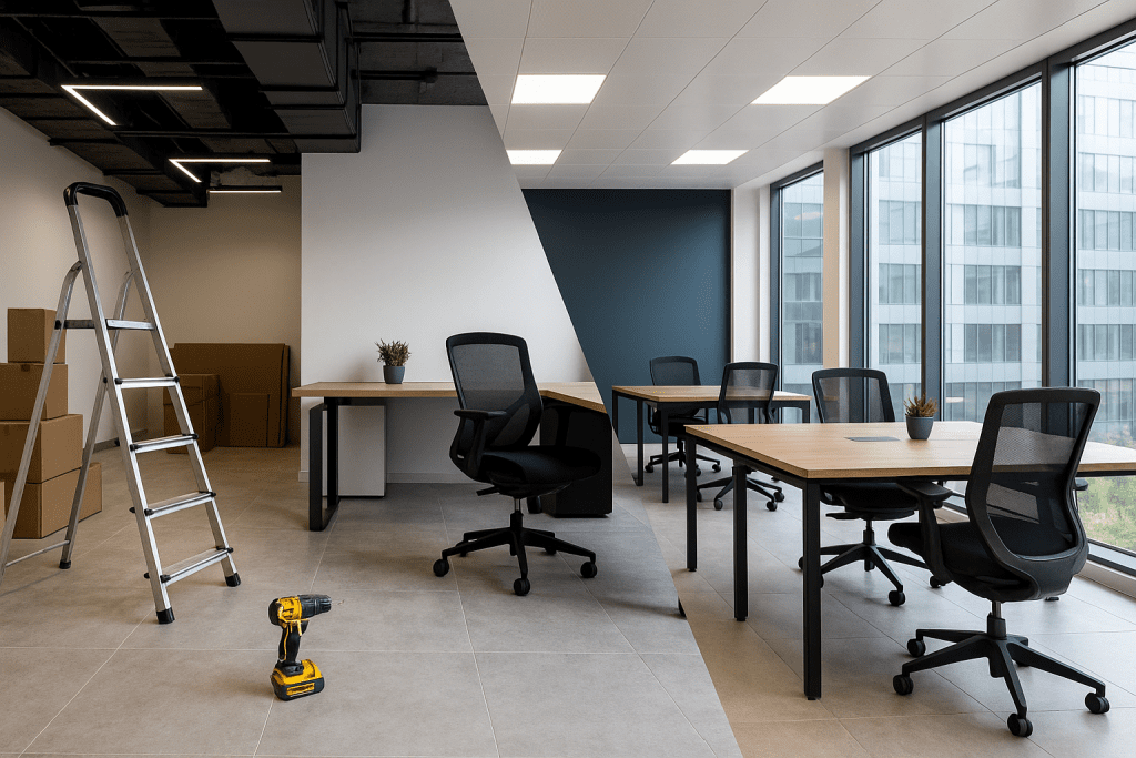 Modern office showing a split view between a workspace under construction and a finished fit-out with desks and natural light, representing a full office transformation.
