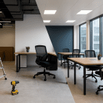 Modern office showing a split view between a workspace under construction and a finished fit-out with desks and natural light, representing a full office transformation.