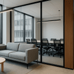 Modern office reception with stylish seating, clear signage and warm lighting, designed to reflect brand values and create a welcoming first impression.