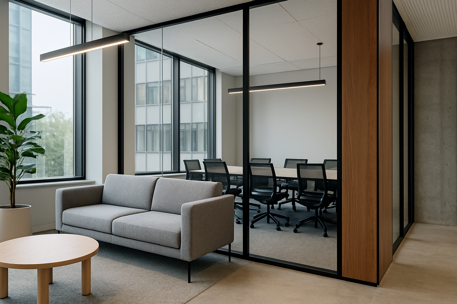 Modern office reception with stylish seating, clear signage and warm lighting, designed to reflect brand values and create a welcoming first impression.