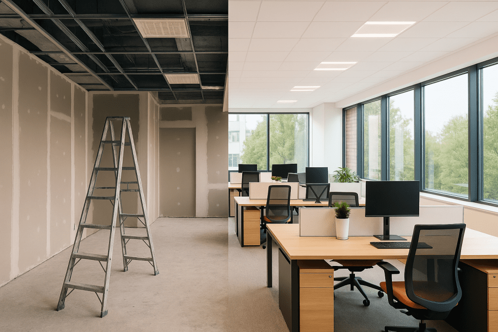 Contemporary open-plan office showing work-in-progress alongside a functional working area, reflecting a live redesign without downtime.