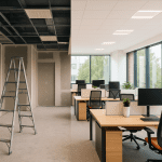 Contemporary open-plan office showing work-in-progress alongside a functional working area, reflecting a live redesign without downtime.
