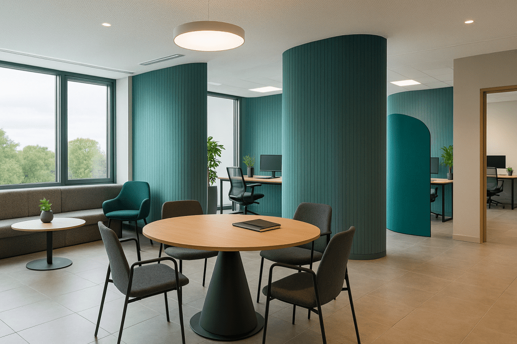 Underused corner in a modern office redesigned with shelving, seating, and lighting to transform it into a productive and intentional workspace.