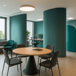 Underused corner in a modern office redesigned with shelving, seating, and lighting to transform it into a productive and intentional workspace.