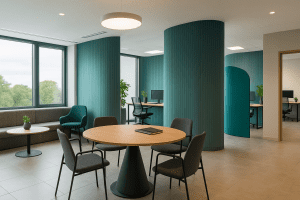 Underused corner in a modern office redesigned with shelving, seating, and lighting to transform it into a productive and intentional workspace.