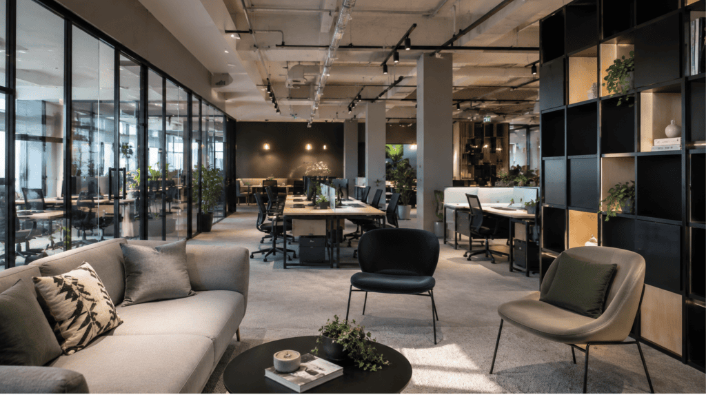 Modern refurbished office with open-plan desks, meeting spaces and breakout seating